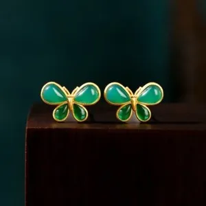 Authentic Ethereal Verdant Wings: Natural Green Jade Butterfly Earrings in 18K Gold Plating