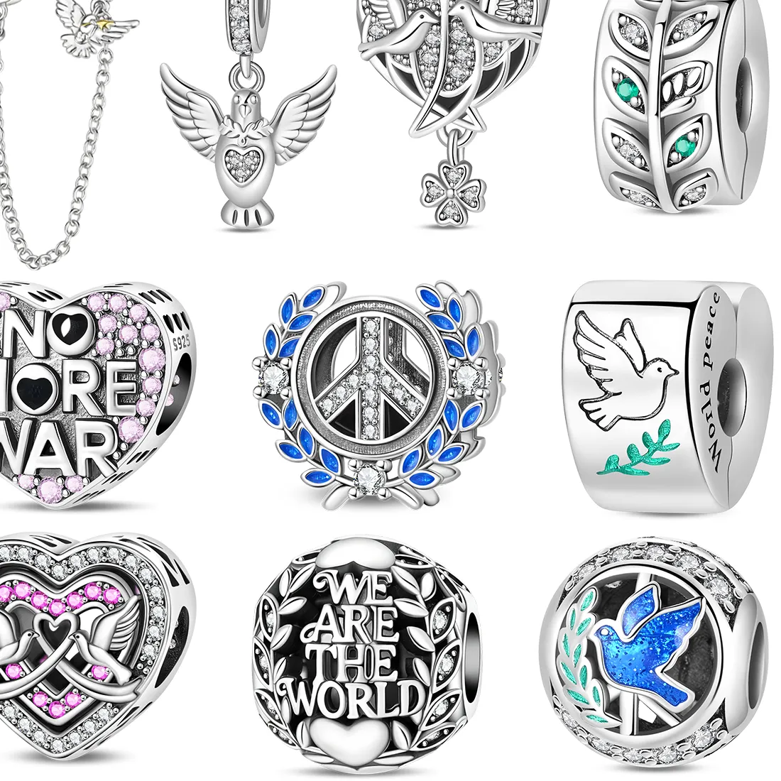 Authentic Original 925 Sterling Silver Charms World Peace Dove Olive Branch Beads Pendant Bracelets Necklaces Womens DIY Jewelry