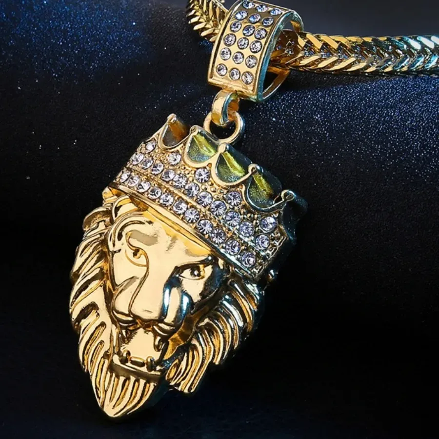 Authentic European and American Trendy Men's Lion Head Party and Banquet Fashionable Pendant Crown Valentine's Day Lion Head Necklace