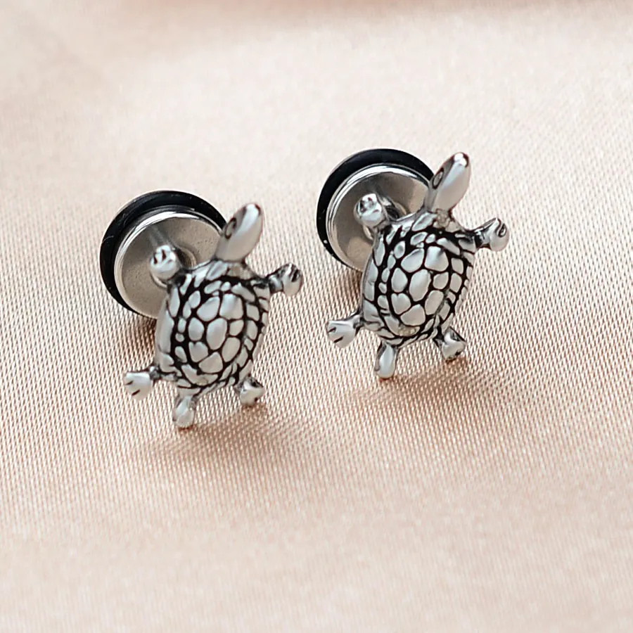 Authentic 2022 Sea Turtle Tortoise Lovely Animal Stud Earring Antique Silver Color Punk Jewelry