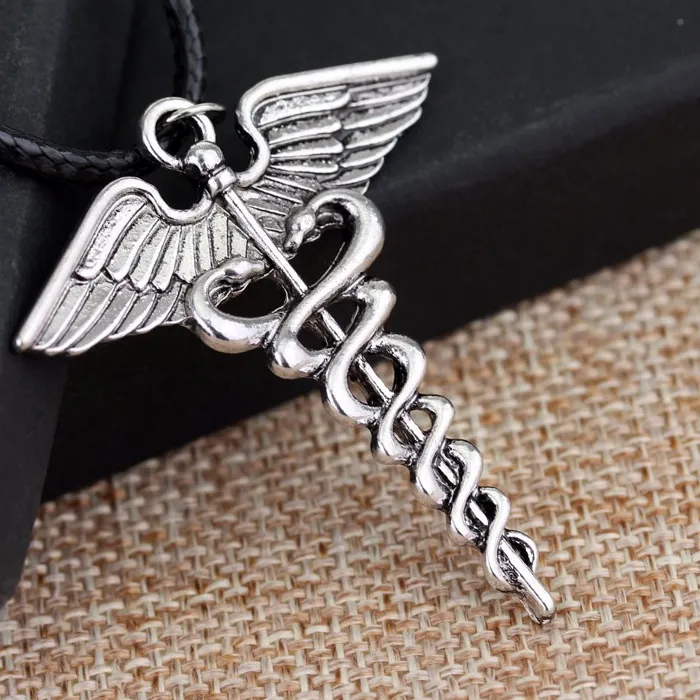 Authentic Percy Jackson Necklace Angle Wings Snake Ouroboros Magic Wand Caduceus Asclepius Pendant Emergency Medical Jewelry Gifts