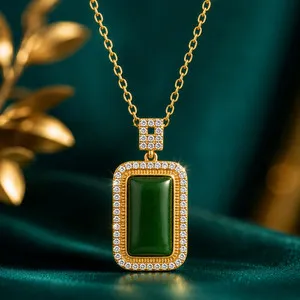 Authentic 18K Gold Plated Green Jade Pendant Necklace Crystal Charm Jewelry