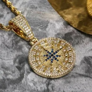 Authentic Moissanite Compass Pendant Medallion Charm 1.65" Charm 14K Yellow Gold Plated