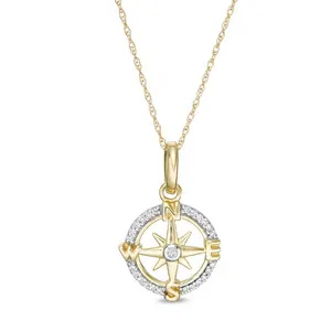 Authentic 1.25Ct Round Simulated Diamond Compass Pendant Necklace 14k Yellow Gold Plated