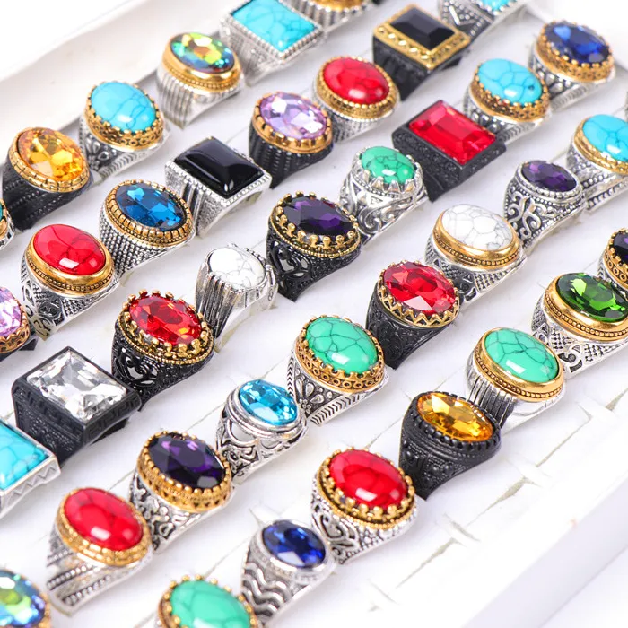 Authentic Bulk 20pcs/lot Mens Women's Vintage Metal Glass Turquoise Stone Metal Jewelry Rings For Party