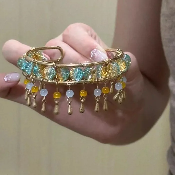 Authentic Bohemian Acrylic Glass Tassel Open Cuff Bracelet for Women Ethnic Vintage Arm Bangle Niche High-End Hand Jewelry