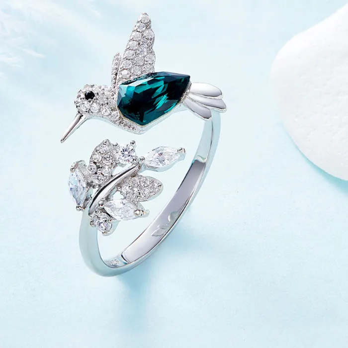 Authentic Elegant Natural Blue Stone Adjustable Hummingbird Rings for Women Glass Filled Rings Female Engagement Wedding Party Jewelry