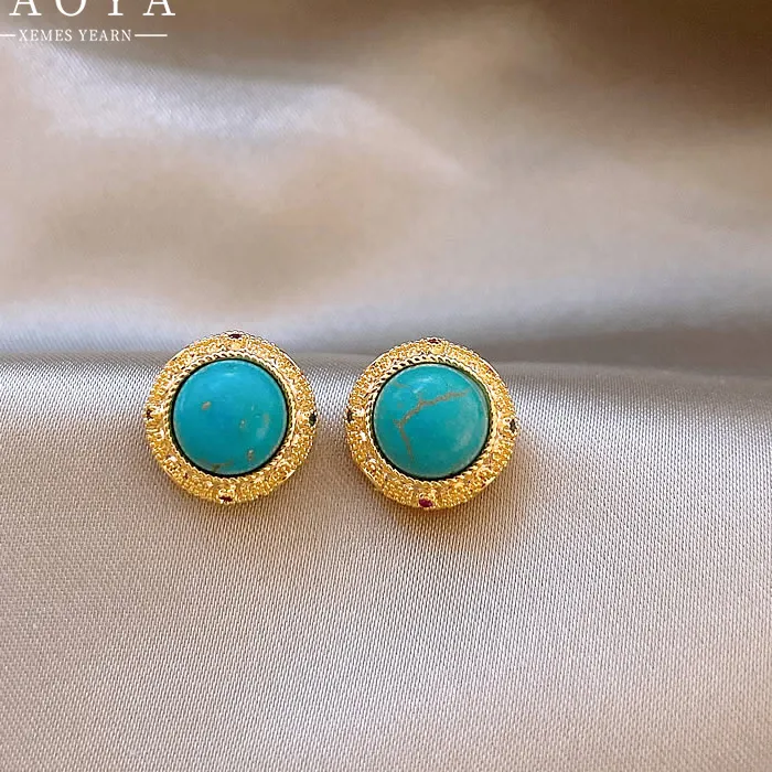 Authentic Turquoise Round Earrings Gold Color Border Jewelry Unusual Accessories Girls Versatile