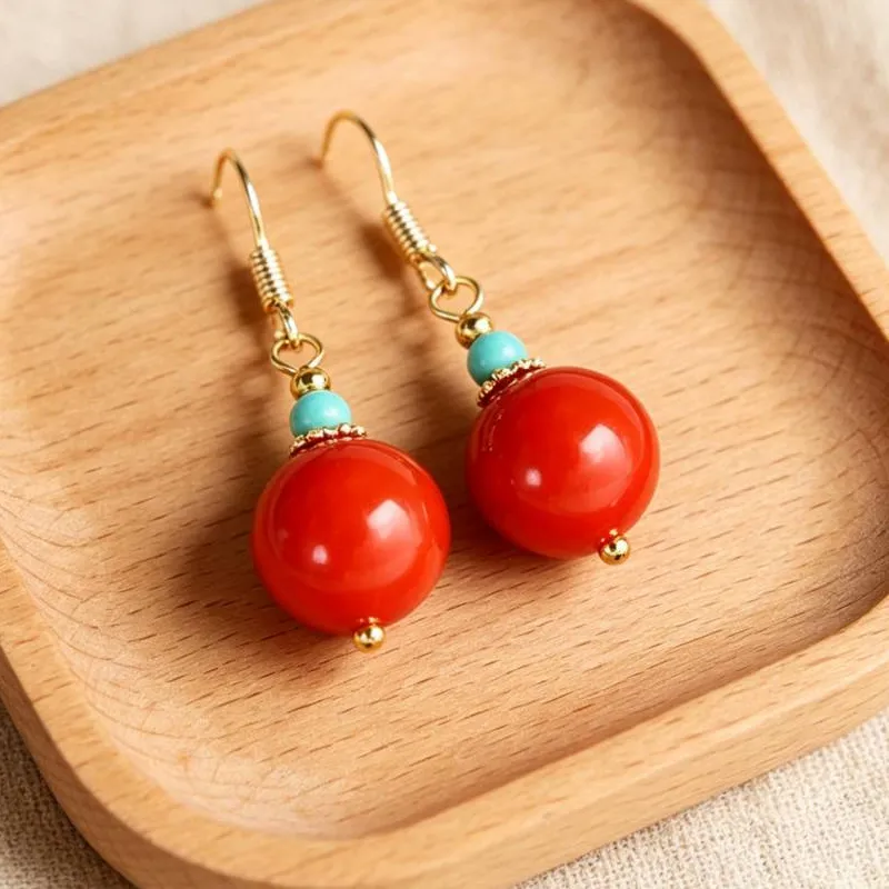 Authentic Retro Chinese Red Coral Bead Drop Earrings Gold Hook Turquoise Accent Dangle Earrings Handmade Women Daily Wear Jewelry