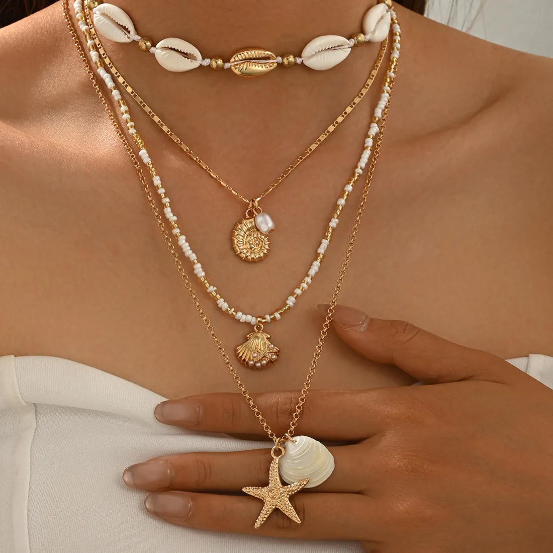Authentic Layered Cowrie Shell Choker Starfish Conch Pendant White Beaded Multi Strand Necklace Women Beach Ocean Jewelry