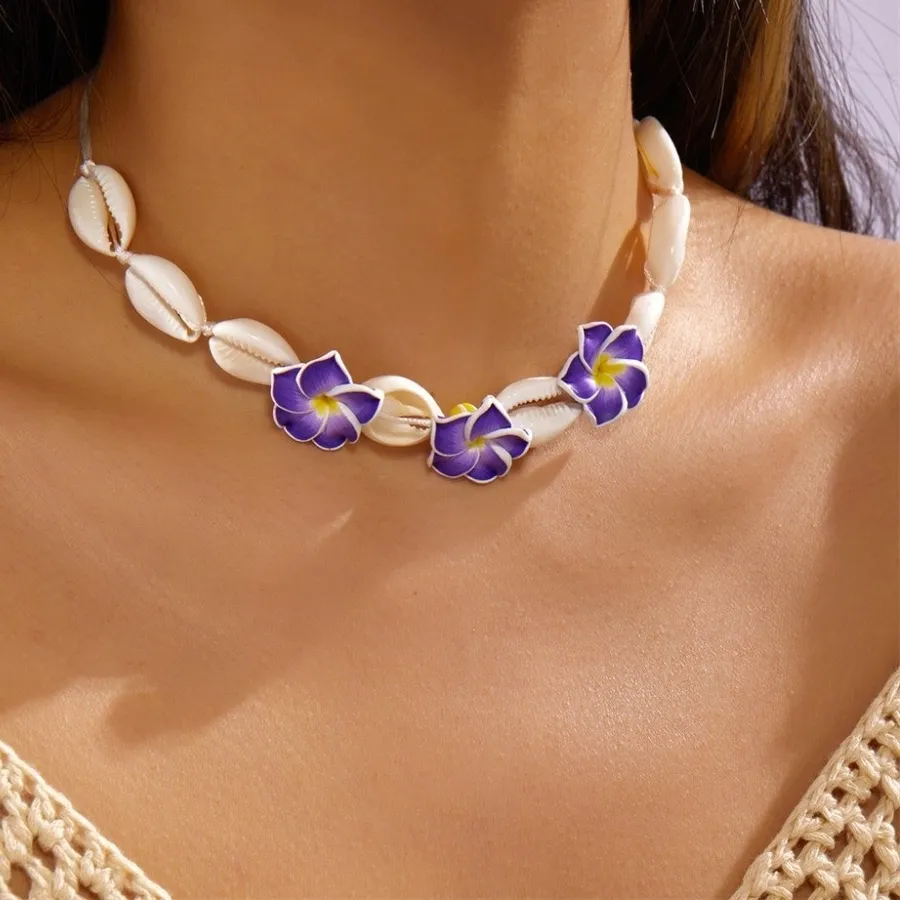 Authentic 2PCS Hand-woven Shell Necklace Adjustable Braided Rope Beach Choker Cowrie Shell Y2K Aesthetic Flower Necklace Hawaiian Vacation