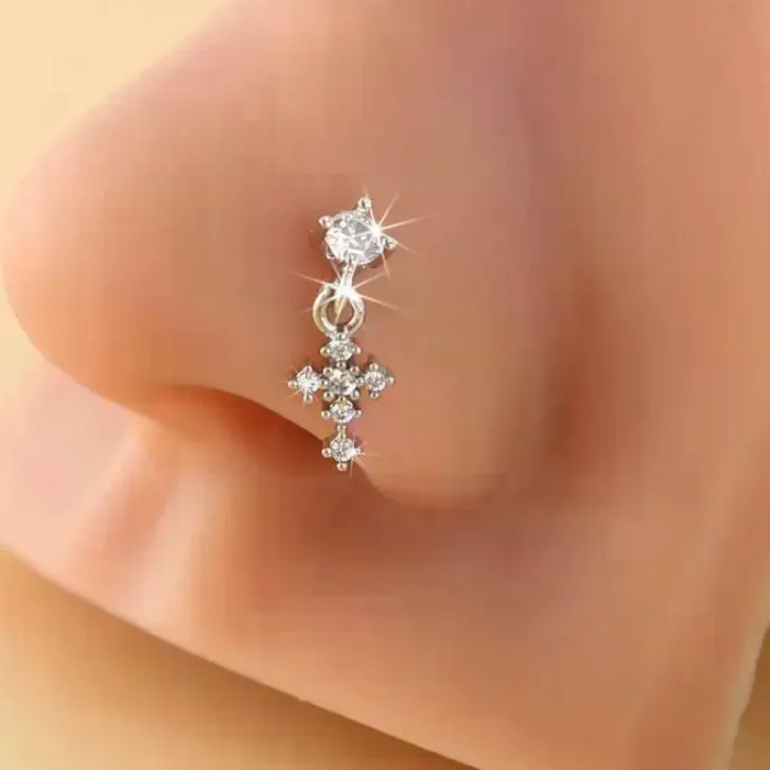Authentic Radiant Cross L-Shaped Zircon Nose Stud of Sacred Alignment