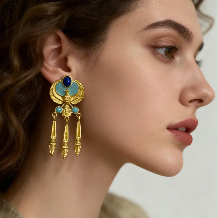 Authentic Ethnic Style Falcon Tassel Earrings Vintage Egyptian Bird Dangle Earrings with Simlulated Turquoise Jewelry