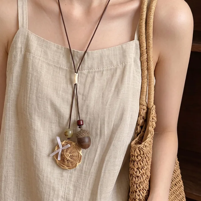 Authentic Handmade Woven Flower Vine Necklace With Wooden Acorn Round Bead Hanging Rope Artistic Long Accessory