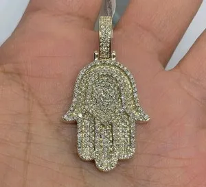 Authentic Radiant Sanctuary Hamsa Hand Diamond Pendant in 14K Yellow Gold Finish