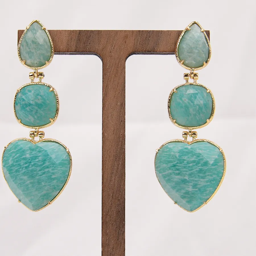 Authentic G-G Natural Green Amazonite Stone Heart Shape Dangle Stud Earrings Designer Jewelry Gifts