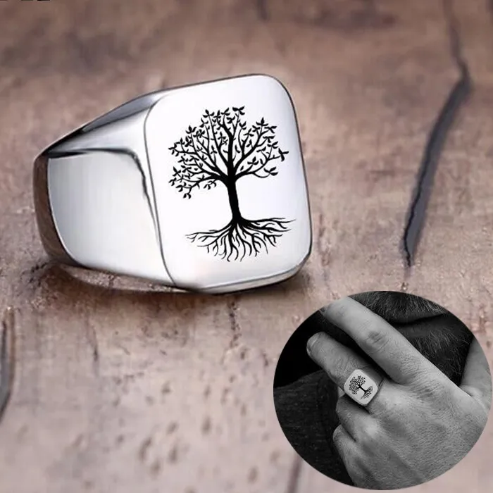 Authentic Vnox Rock Punk Tree Of Life Signet Rings for Men Jewelry Custom Words Images Personalize Engrave Gifts for Him Jewelry