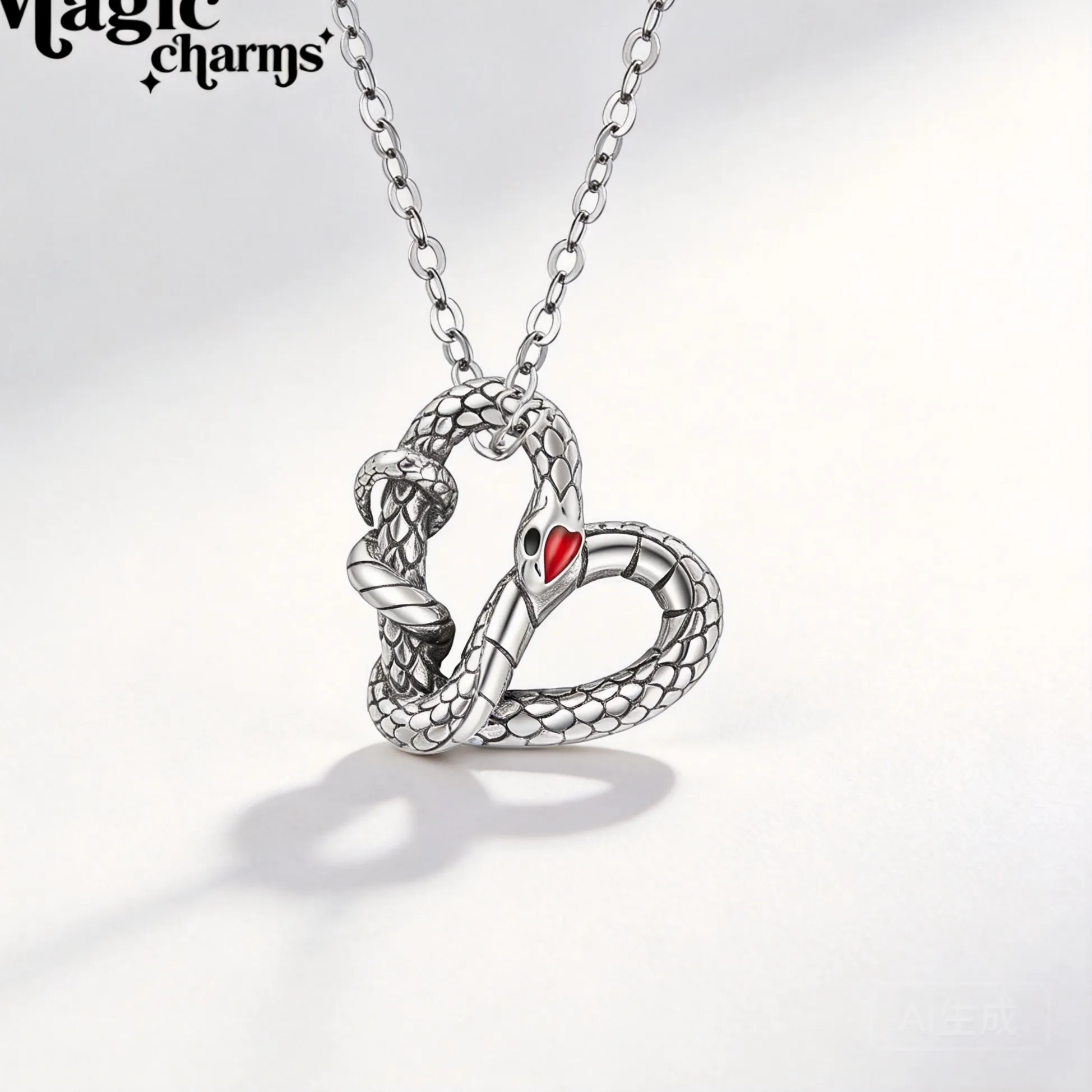 Authentic Chinese Style Lucky Transshipment Wealth Blessing S925 Silver Plated Snake Heart Pattern Pendant Necklace Dark Gothic Clavicle