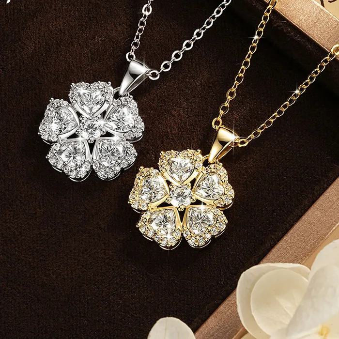 Authentic Rrjzz Heart Cut Five- Leaf Clover Moissanite Pendant Necklace D- Color Lab Diamond Romantic Necklace Jewelry