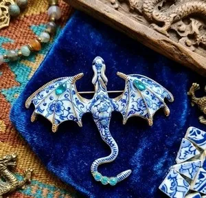 Authentic The Azure Wyrm of the Willow: Gilded Delft Blue Dragon Brooch