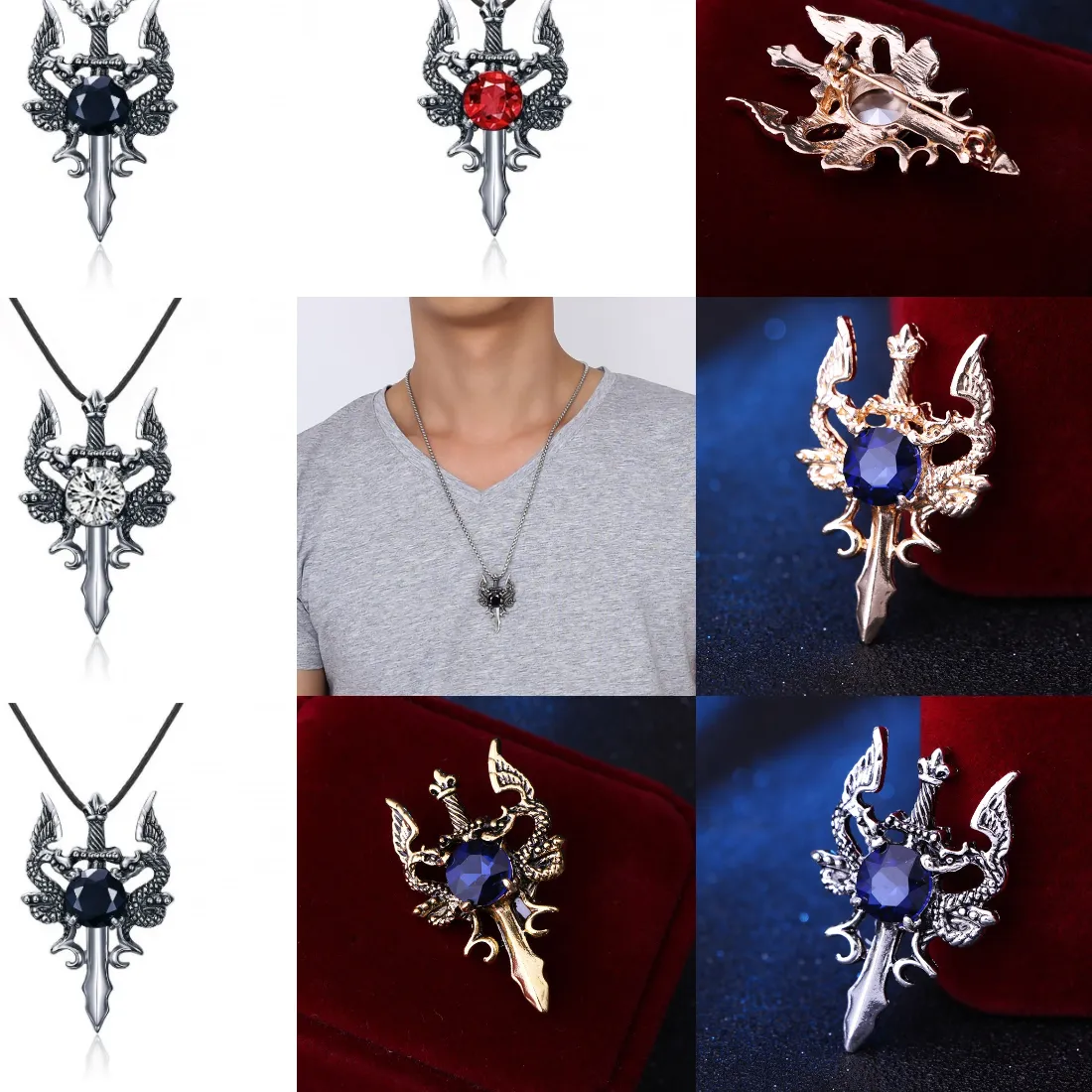 Authentic Cross border personalized design double dragon ruby cross necklace men's and women's pendant