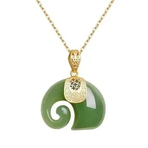 Authentic Natural Stone Elephant Pendant Necklace Gold Plated Chain for Women