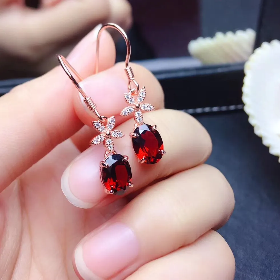 Authentic S925 sterling silver pendant earrings, colored treasure earrings, plated with 18k rose gold pomegranate flower earrings.