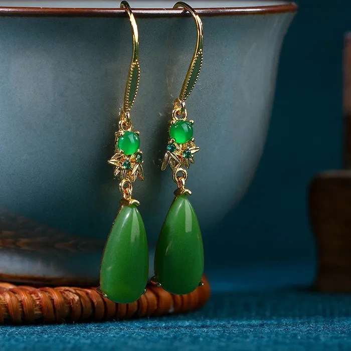 Authentic Green Natural Jade Water drop Earrings Amulet Real Jewelry 18K Gold Plated