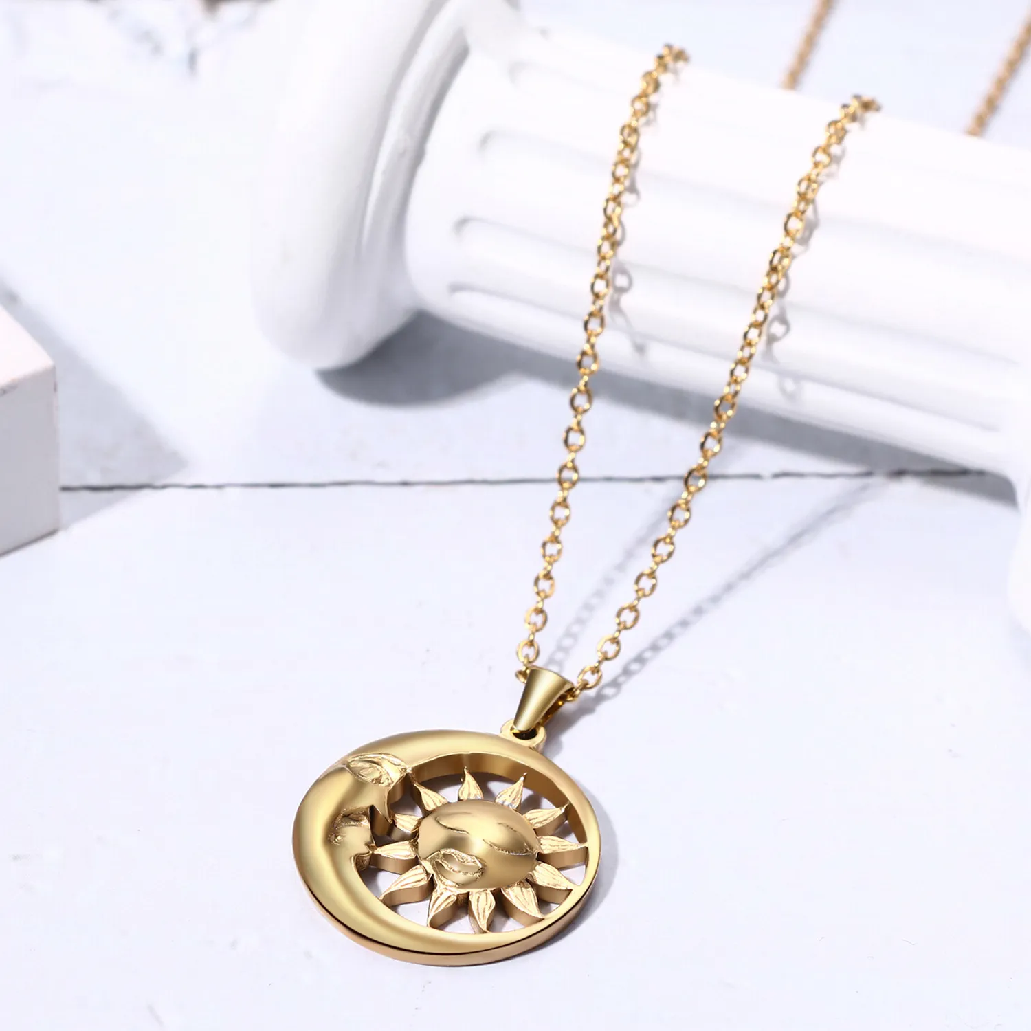 Authentic Gold Plated Sun Pendant Necklace for Men Women Protective Amulet
