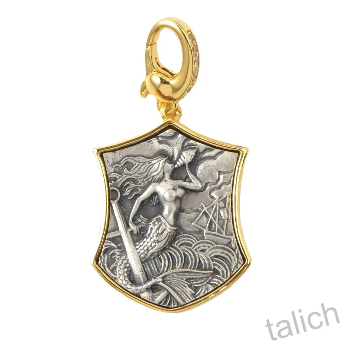 Authentic 18K Gold Plated Sterling Silver CZ Call of Mermaid Shield Amulet Charm Pendant