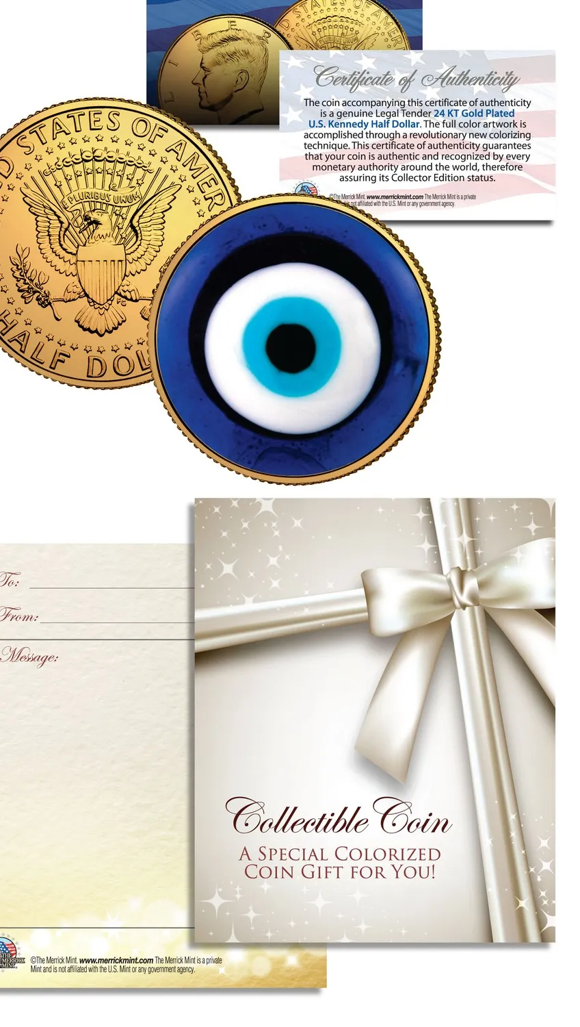 Authentic Lucky Guardian: 24K Gold Plated Kennedy Half Dollar Evil Eye Amulet