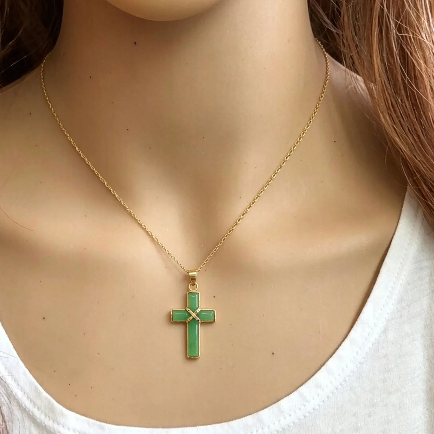 Authentic Gold Plated Green Cross Jade Amulet Pendant Necklace Gifts statue Vintage
