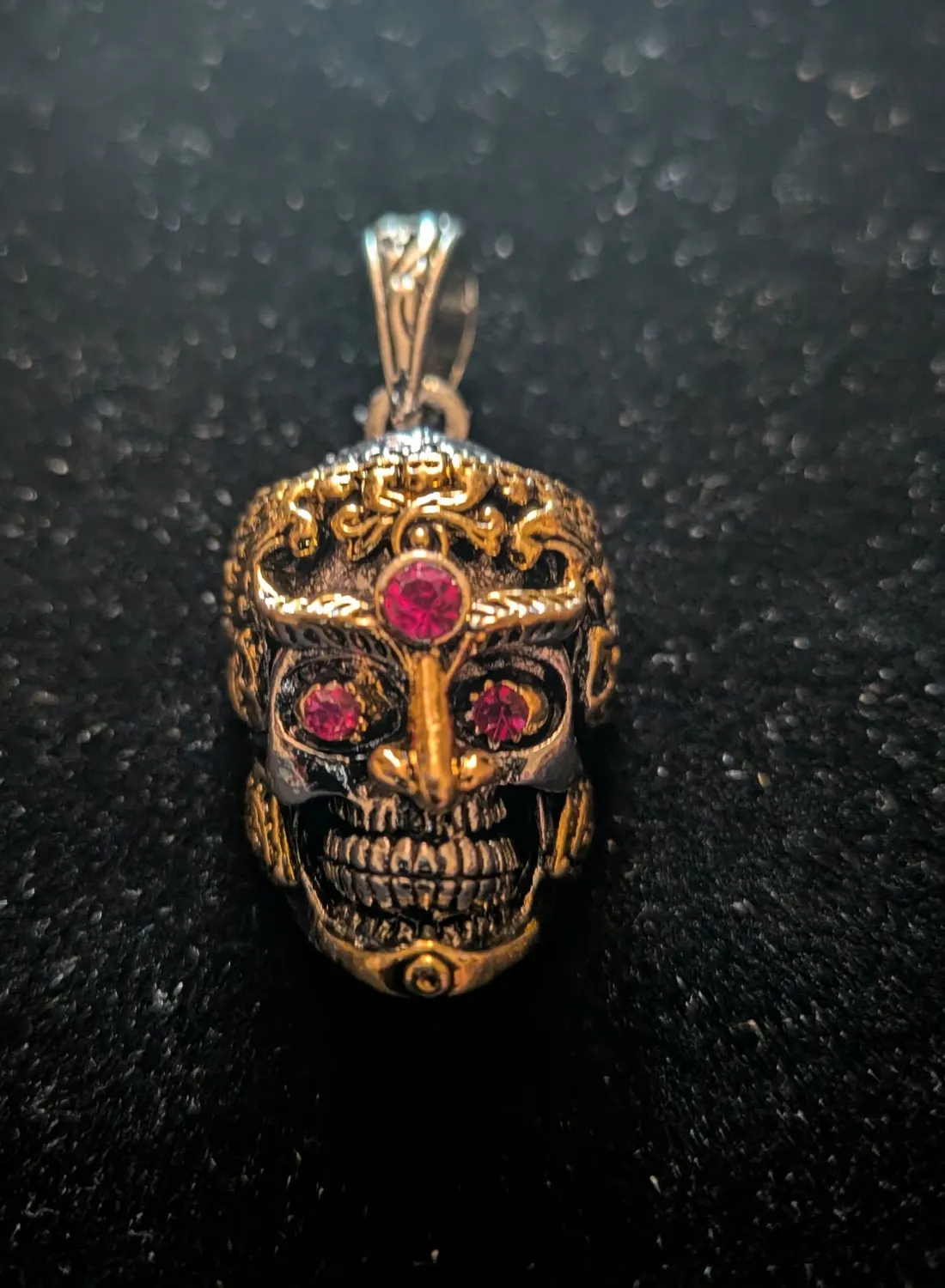 Authentic Tibetan Skull Pendant, Amulet,, Gold-plated, Ruby Red Eyes