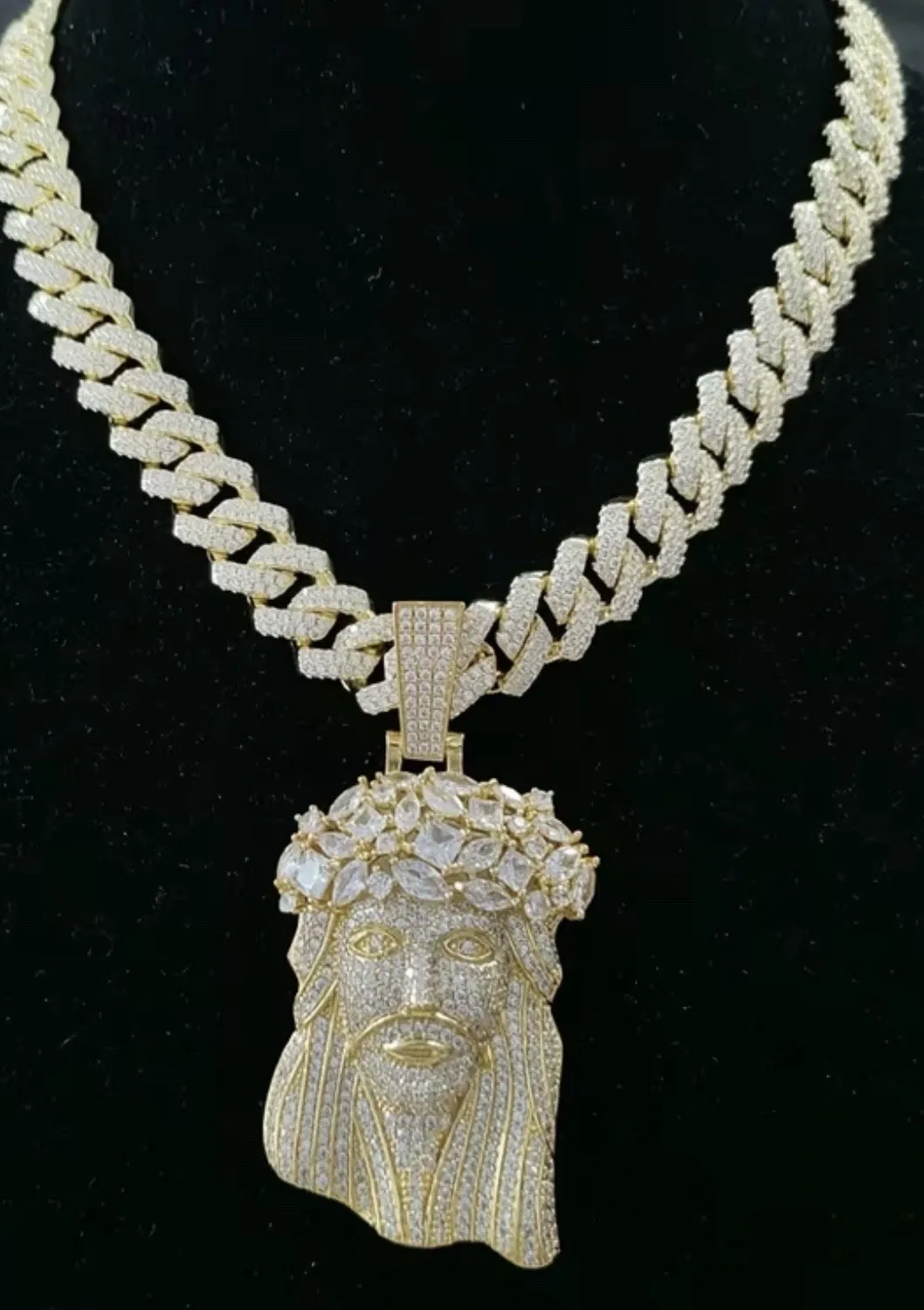 Authentic Gold Plated Cuban Link Necklace with Jesus Pendant Religious Amulet Charm