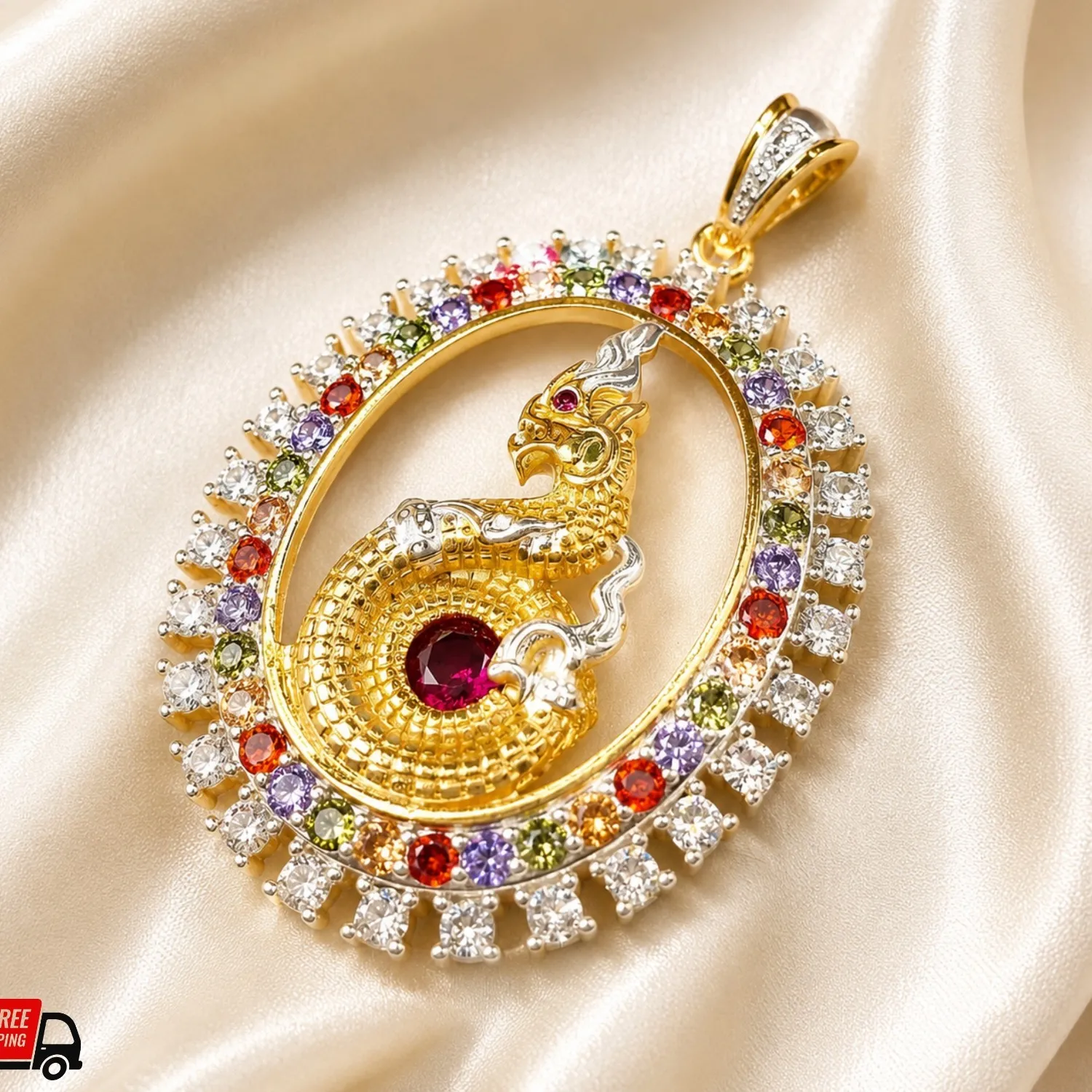 Authentic Phaya Naga Wealth Thai Amulet Naga Eye Gold Plated CZ Pendant Talisman Jewerly