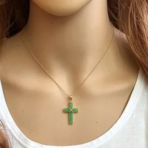 Authentic Vintage Gold Plated Green Cross Jade stone Amulet Pendant Necklace Gifts Women