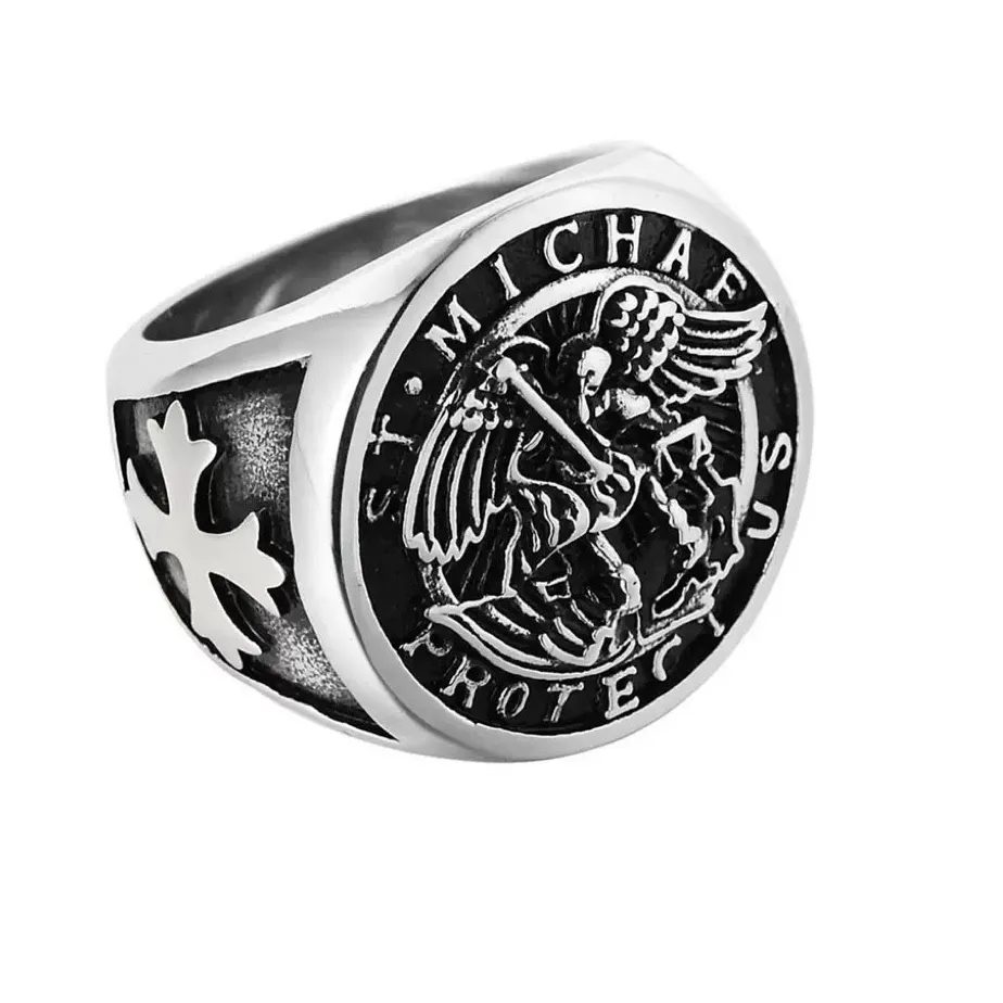 Authentic Man Gold Plated Michael Archangel St Knight Band Ring Amulet