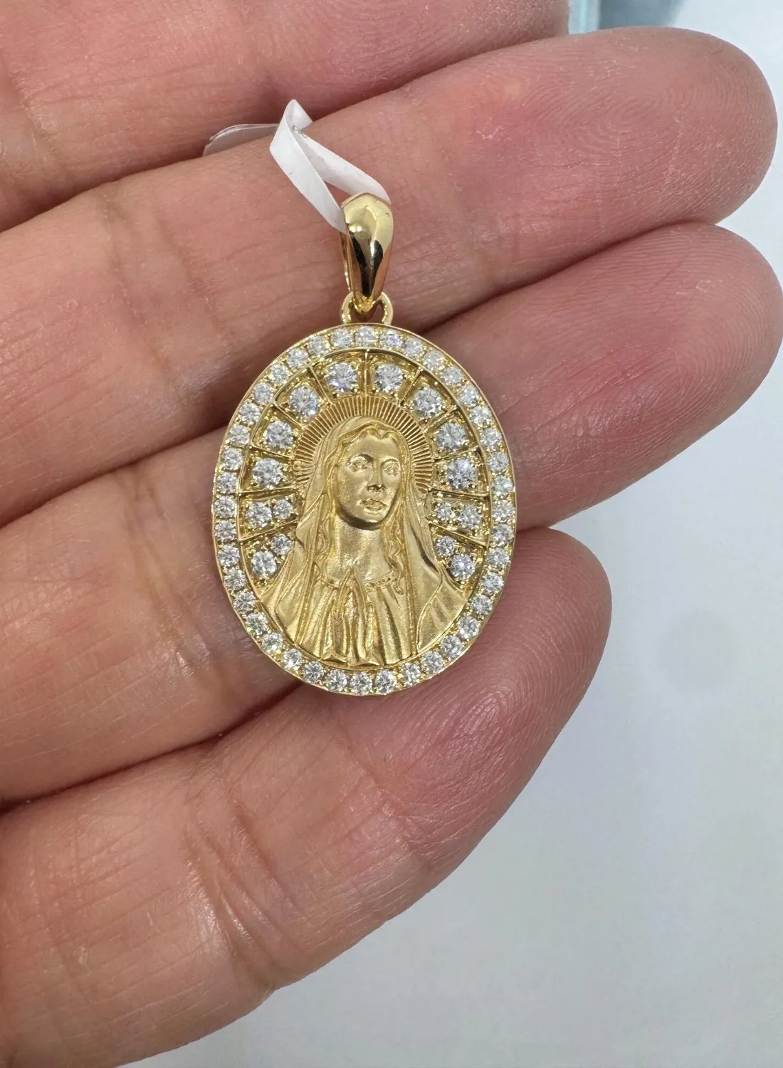 Authentic 1.20 Ct Moissanite Virgin Mary Pendant Amulet Medallion Necklace 14K Gold Plated