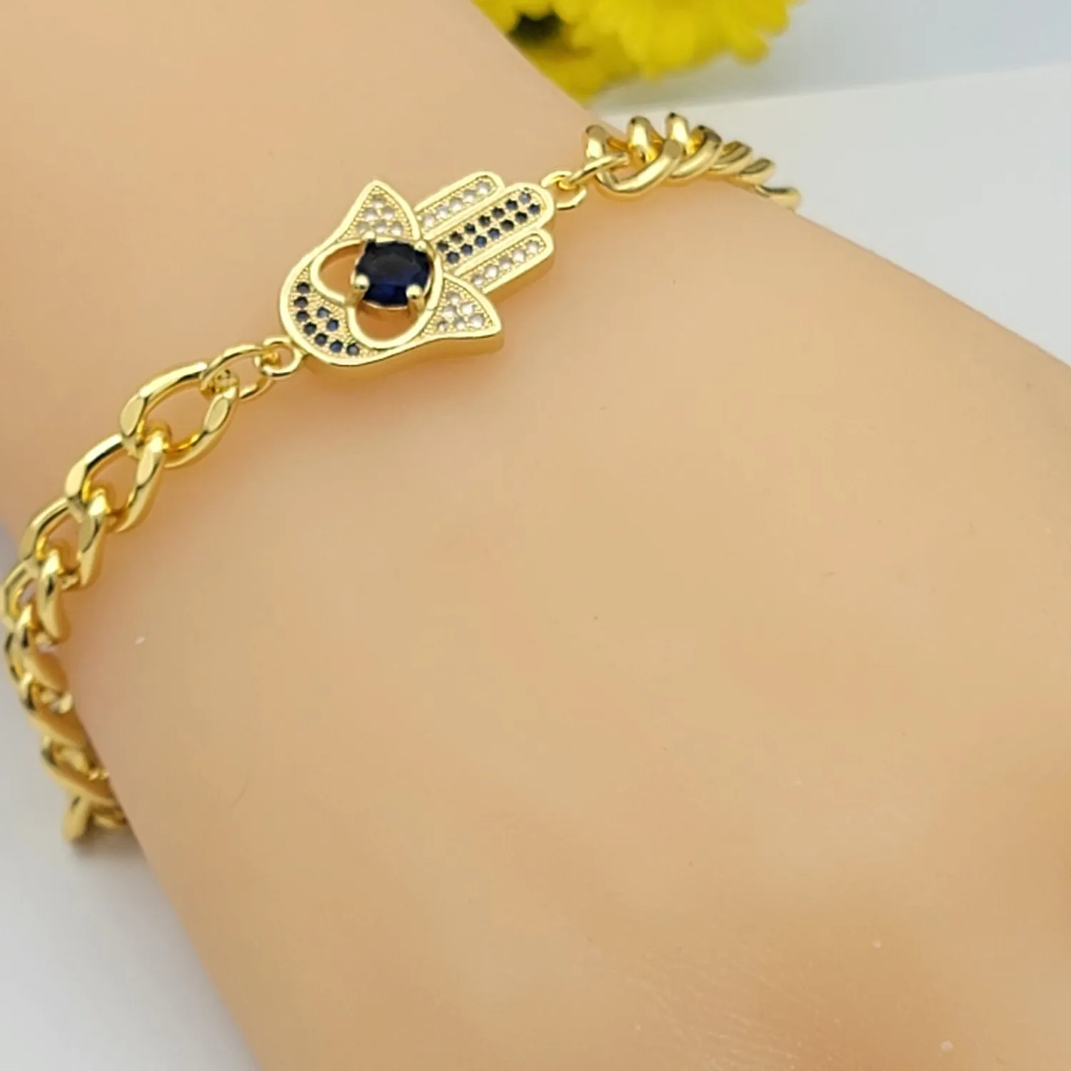 Authentic Protection in Beauty - 14K Gold Plated Blue Fatima Hand Bracelet