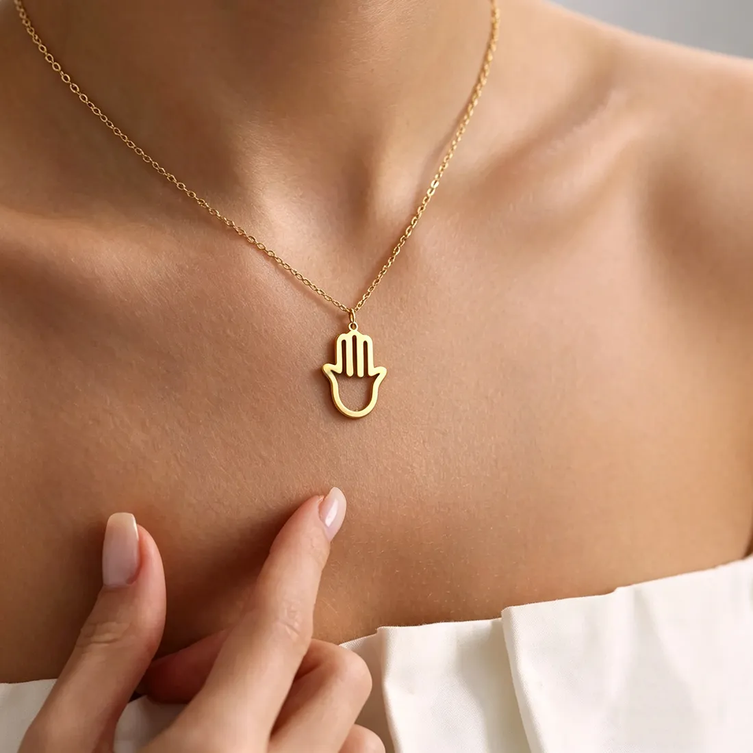 Authentic Simple Hollow Palm Hamsa Charm Necklace Gold Plated Thin Chain Boho Religious Amulet Jewelry
