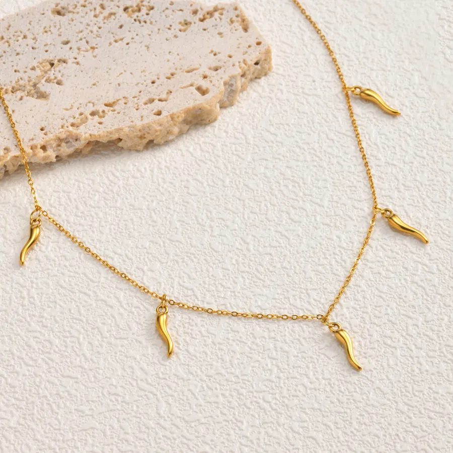 Authentic Vintage Italian Horn Pendant Necklace for Women Stainless Steel Gold Plated Chili Pepper Charm Choker Necklace Amulet Jewelry