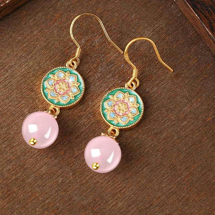 Authentic Natural Pink Jade Beaded Earrings Vintage Talismans 18K Gold Plated Real Jewelry Fashion Amulet Charm Luxury Gifts for Women
