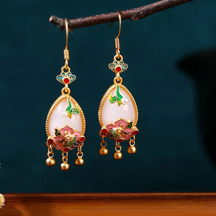 Authentic Natural Jade Flower Earrings Charm Amulet Designer Real Jewelry Vintage Accessories 18K Gold Plated Gifts for Women