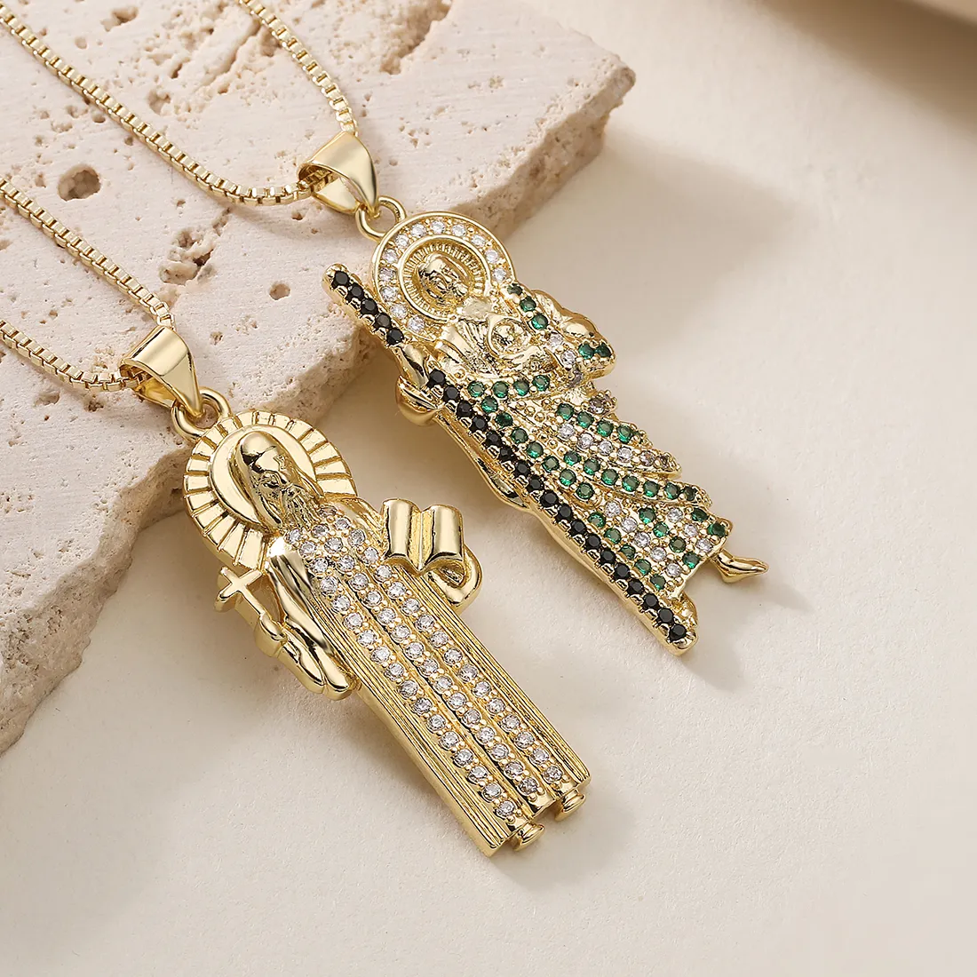 Authentic Gold Plated Saint Jude Pendant Necklace Multi Color CZ Religious Figure Charm Necklace Amulet Women Men Jewelry