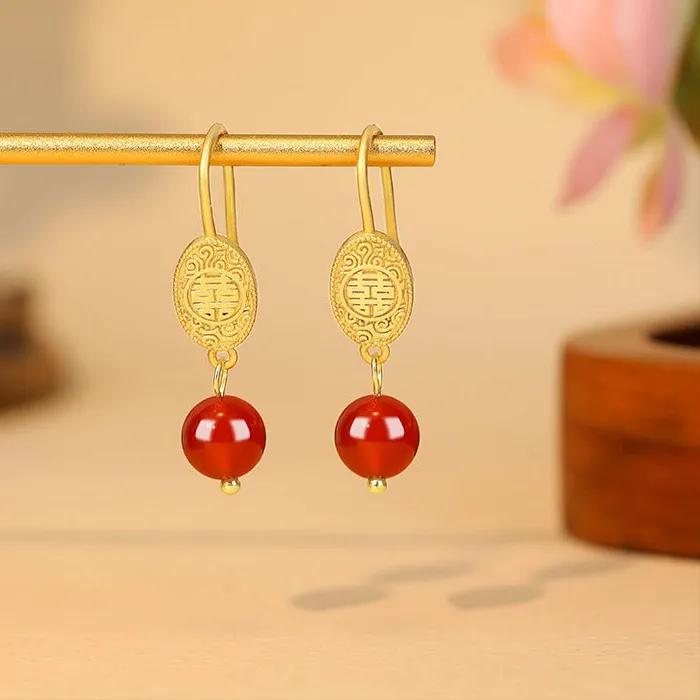 Authentic Natural Red Jade Bead Earrings Talismans Real Jewelry Luxury Charm 18K Gold Plated Designer Amulet Vintage Gifts for Women