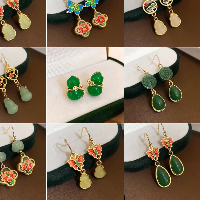 Authentic Chinese Butterfly Flower Earrings Ethnic Jade Pendant Jewelry Golden Color Creative