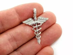 Authentic Caduceus Medical Pendant 14k White Gold Plated 1Ct Round Cut Simulated Diamond