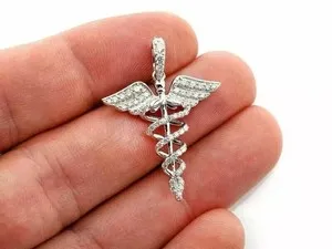 Authentic 1.50 Ct Round Cut Real Moissanite Caduceus Medical Pendant 14k White Gold Plated