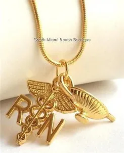Authentic RN Nursing Caduceus Necklace Nightingale Lamp Nurse Graduation Gold Plated