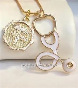 Authentic Nursing RN Caduceus Necklace Stethoscope Nurse Graduation Gold Plated White